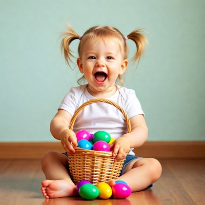 Baby girl holding colorful Easter eggs