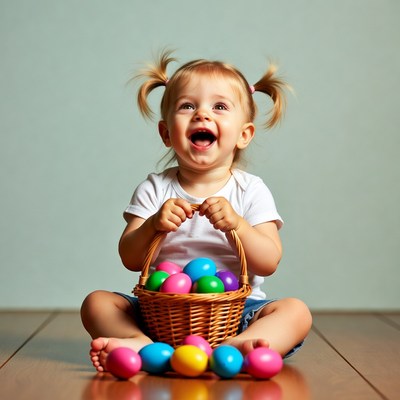 Blonde toddler girl with Easter eggs