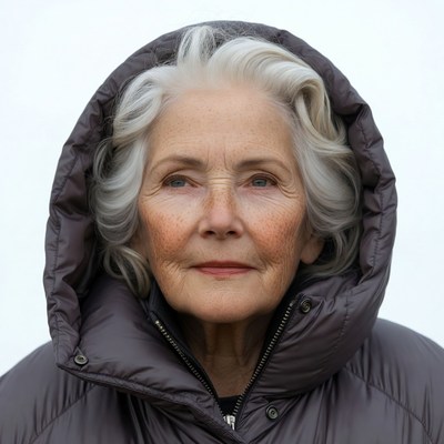 Elderly woman in hooded jacket