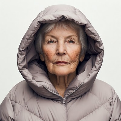 Elderly woman in gray hooded jacket