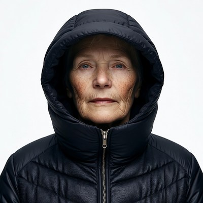 Elderly woman in black hooded jacket