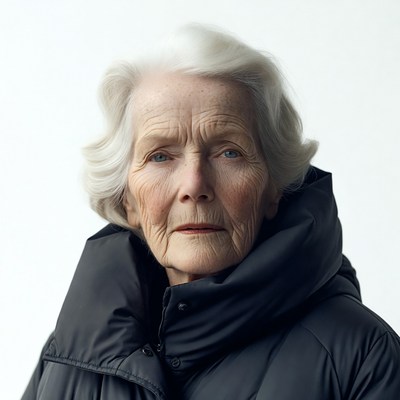 Elderly woman in black hooded coat