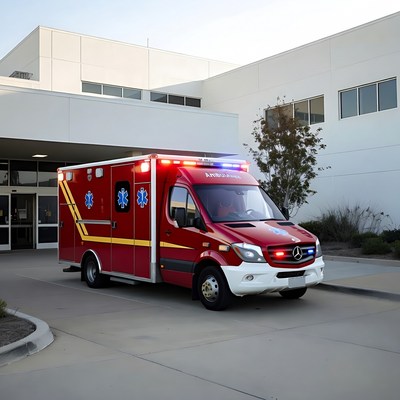 Red Ambulance Parked at Hospital