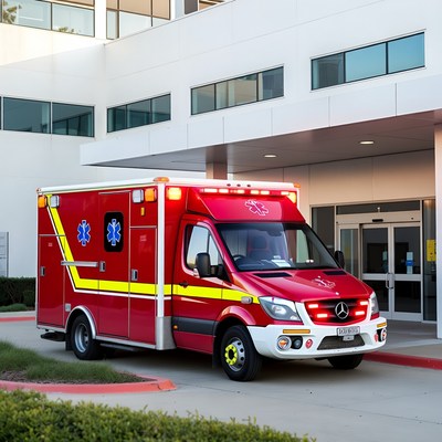 Red Ambulance Parked at Hospital Entrance