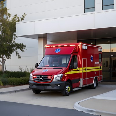 Red Mercedes Ambulance Parked at Hospital