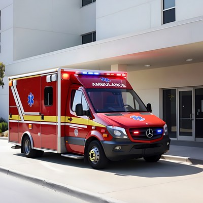 Red Ambulance Parked at Hospital Entrance
