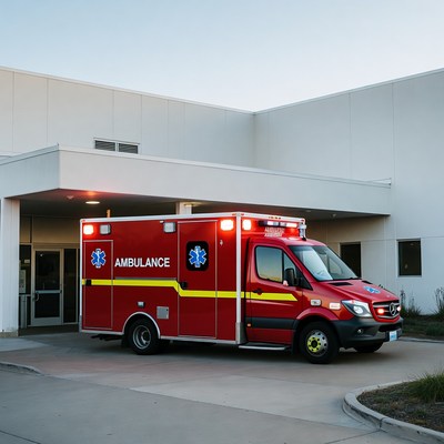 Red Ambulance Parked at Hospital Entrance