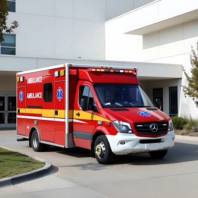 Red Mercedes Ambulance Parked Outside Hospital