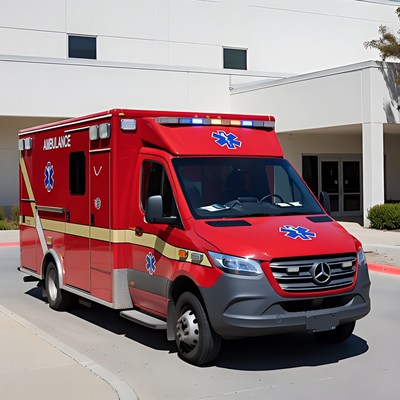 Red Ambulance Parked at Hospital