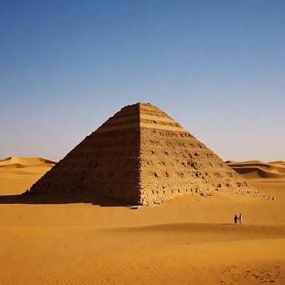 Ancient Pyramid in Desert with Tourists