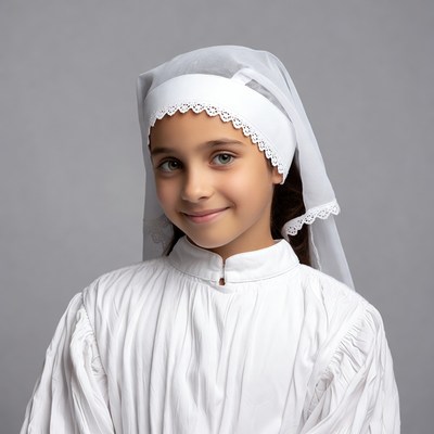 Girl wearing white lace-trimmed headscarf