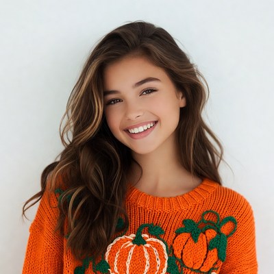 Smiling woman in pumpkin sweater