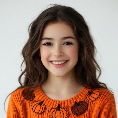 Girl smiling in pumpkin sweater