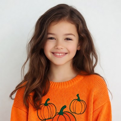 Girl smiling in orange pumpkin sweater