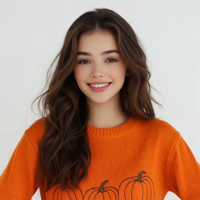 Smiling woman in orange pumpkin sweater