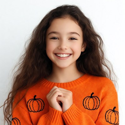 Girl smiling in pumpkin sweater