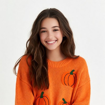 Girl smiling in pumpkin sweater