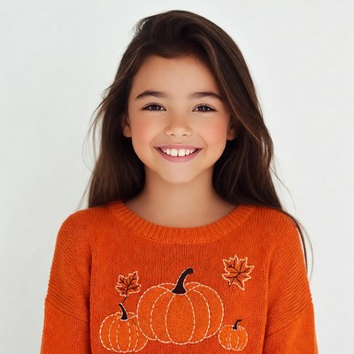 Girl smiling in pumpkin sweater