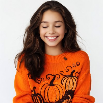 Girl smiling in pumpkin sweater