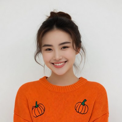 Asian woman in pumpkin sweater smiling