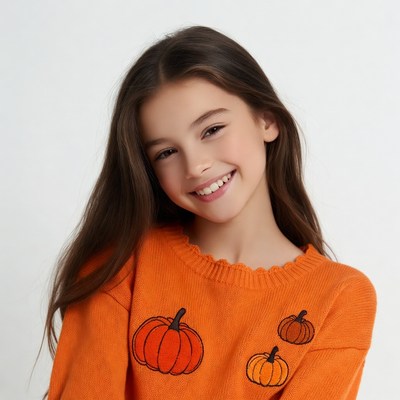 Girl smiling in pumpkin sweater