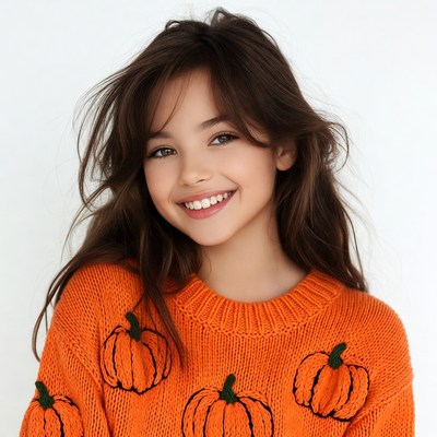 Girl smiling in pumpkin sweater