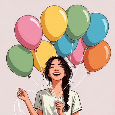 Happy Asian woman holding colorful balloons