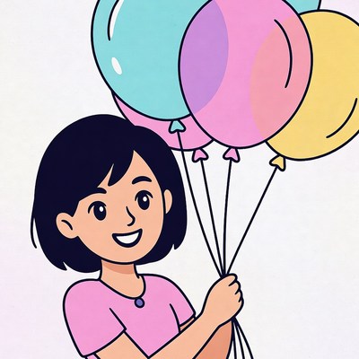 Girl holding colorful balloons illustration