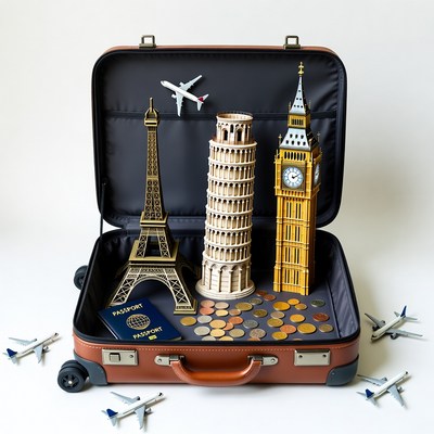 Open suitcase with travel landmarks