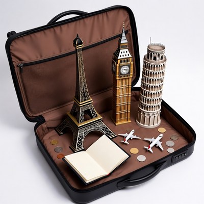 Open suitcase with Eiffel Tower Big Ben Leaning Tower
