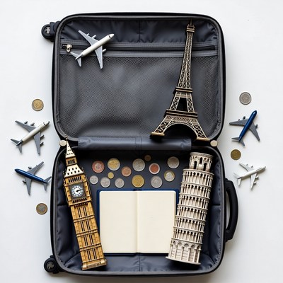 Open suitcase with Eiffel Tower Big Ben Leaning Tower