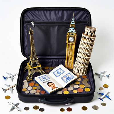 Open suitcase with Eiffel Tower Big Ben Leaning Tower