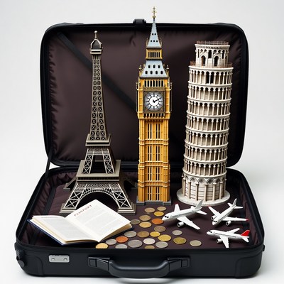 Open Suitcase with Eiffel Tower Big Ben Leaning Tower