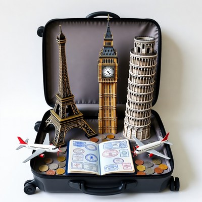 Open suitcase with travel landmarks