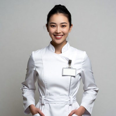 Asian nurse smiling with hands in pockets