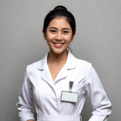 Asian nurse smiling with ID badge