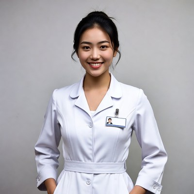 Asian nurse smiling with ID badge