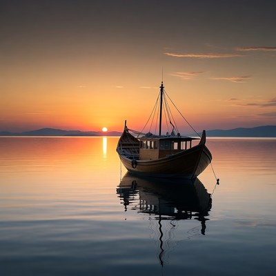 Wooden Boat on Calm Lake at Sunset