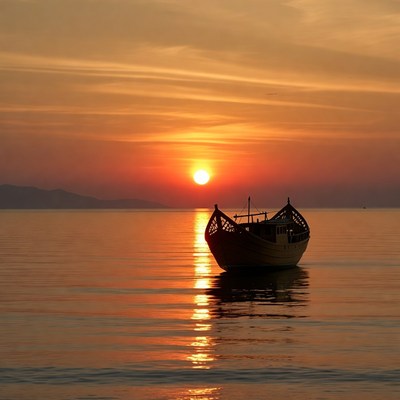 Silhouette Boat on Calm Sea at Sunset