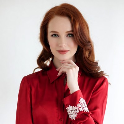 Redhead woman in red satin blouse