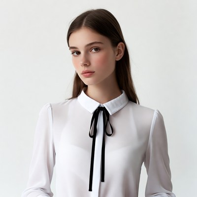 Young woman in white blouse with black bow