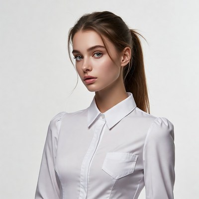 Young woman in white blouse ponytail