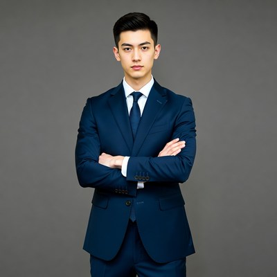 Asian man in navy suit arms crossed