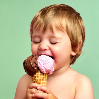 Baby eating chocolate strawberry ice cream cone