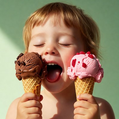 Blond toddler holding chocolate strawberry ice cream cones