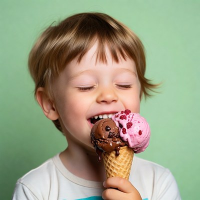 Boy eating chocolate strawberry ice cream cone
