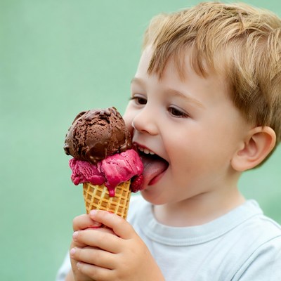 Boy eating chocolate strawberry ice cream cone