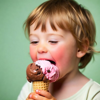 Toddler eating chocolate pink ice cream cone