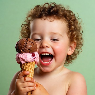 Toddler boy eating ice cream cone
