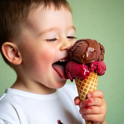 Boy eating chocolate strawberry ice cream cone